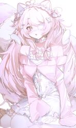 1girl absurdres ahoge animal_ears cardigan choker clothing_cutout cropped_cardigan detached_wings dress eyepatch firofilo frilled_choker frilled_hairband frills grey_eyes hair_ornament hairband heart heart_ahoge highres indie_virtual_youtuber long_hair looking_at_viewer medical_eyepatch mini_wings one_eye_covered open_mouth pink_cardigan pink_hair purin_(pwurin_) second-party_source sidelocks sitting sleeves_past_fingers sleeves_past_wrists solo tail very_long_hair virtual_youtuber white_choker white_dress wings x_hair_ornament