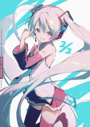 1girl bare_shoulders black_boots black_skirt black_sleeves blue_eyes blue_hair boots commentary_request cowboy_shot detached_sleeves grey_shirt grin hair_between_eyes hands_up hatsune_miku headset ito_taera long_hair looking_at_viewer miniskirt pleated_skirt shirt skirt sleeveless sleeveless_shirt smile solo standing standing_on_one_leg thigh_boots twintails v very_long_hair vocaloid w