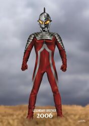 1boy 2006 alien armor artist_name blurry blurry_background boots breastplate clenched_hands cloud cloudy_sky colored_skin commentary english_text eye_slugger forehead_jewel full_body gem gloves glowing glowing_eyes green_gemstone highres legs_apart looking_at_viewer male_focus multicolored_skin outdoors overcast pectorals red_boots red_gloves red_skin shoulder_armor signature silver_skin sky solo standing tokusatsu toned toned_male two-tone_skin ultra_series ultraman_mebius_(series) ultraseven ultrataku wheat wheat_field wrinkled_skin yellow_eyes