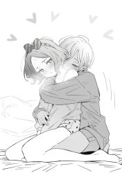 2girls barefoot blush camisole commentary ebizuka_tomo girls_band_cry greyscale hairband highres hug hug_from_behind long_sleeves lwmina70119 mole mole_under_eye monochrome multiple_girls rupa_(girls_band_cry) short_hair sweat sweater yuri