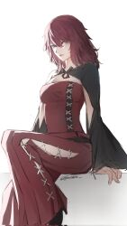 1girl black_sleeves closed_mouth commentary devola english_commentary forutaro grey_eyes highres lips long_hair looking_at_viewer nier nier_(series) pants pink_lips red_hair red_pants red_shirt shirt simple_background sitting solo twitter_username white_background