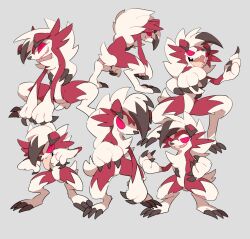claws colored_sclera commentary_request furry gen_7_pokemon highres lycanroc lycanroc_(midnight) nintendo open_mouth pokemon pokemon_(creature) red_eyes red_sclera sharp_teeth simple_background sitting smile standing tail takashino_(noni-nani) teeth white_hair