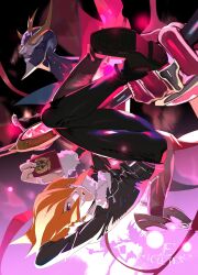 2boys absurdres arm_behind_head black_jacket black_pants character_request duel_monster e_volution highres holding iii_(yu-gi-oh!) jacket multiple_boys orange_hair pants short_hair smirk vector_(yu-gi-oh!) yu-gi-oh! yu-gi-oh!_zexal