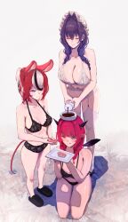 3girls :q absurdres alternate_costume animal_ears bare_arms bare_legs bare_shoulders black_bra black_hair black_panties blue_eyes blue_hair blunt_bangs blush bottle bow bra braid breasts cleavage closed_eyes collarbone commentary crystal_wings detached_wings english_commentary erasorpepero food from_above garter_straps hair_between_eyes hair_intakes hakos_baelz hat heterochromia highres holding holding_bottle holding_food holding_plate hololive hololive_english horns irys_(hololive) irys_(irys_2.0)_(hololive) kneeling lace lace_bra lace_garter_belt large_breasts long_hair low_twin_braids mary_janes mob_cap mouse_ears mouse_girl mouse_tail multicolored_hair multiple_girls navel official_alternate_hairstyle ouro_kronii ouro_kronii_(maid) panties plate pointy_ears ponytail red_eyes red_hair shoes slippers smile soy_sauce standing sushi tail tail_bow tail_ornament thigh_gap thighhighs thighs tongue tongue_out twin_braids underwear underwear_only virtual_youtuber white_bra white_hair white_panties white_thighhighs wings