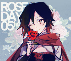 1girl black_hair blush cape cleavage_cutout closed_mouth clothing_cutout corset ecru floral_background flower grey_eyes holding holding_flower pixiv ruby_rose rwby