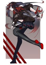 1girl absurdres black_gloves black_hair black_jacket black_pantyhose black_skirt donuts_miso fake_horns fingerless_gloves gloves gradient_hair highres holding holding_sword holding_weapon horns jacket katana long_sidelocks lucia:_lotus_(pgr) lucia_(pgr) miniskirt multicolored_hair pantyhose pleated_skirt punishing:_gray_raven red_eyes red_hair red_horns red_scarf scarf sidelocks skirt solo streaked_hair sword weapon