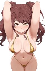 1girl armpits arms_behind_head arms_up bikini breasts brikot brown_eyes brown_hair covered_erect_nipples gold_bikini highres kujikawa_rise large_breasts light_smile long_hair looking_at_viewer micro_bikini navel persona persona_4 presenting_armpit simple_background smile solo stomach swimsuit twintails white_background