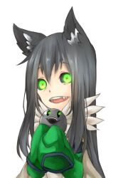 1girl alchemist_(ragnarok_online) animal_ear_fluff animal_ears black_hair black_sclera cat_ears cat_girl colored_sclera commentary_request detached_sleeves fur_collar green_eyes green_sleeves looking_at_viewer meiko_(nattu303) open_mouth ragnarok_online simple_background sleeves_past_fingers sleeves_past_wrists smile solo teeth upper_body white_background
