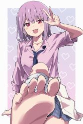 1girl :d arm_up as_buppa barefoot blue_necktie blue_sky blush border breasts character_request cleavage clothes_around_waist collarbone commission copyright_request feet foot_focus foreshortening heart highres jacket jacket_around_waist knee_up leg_warmers looking_at_viewer medium_hair miniskirt necktie open_mouth plaid_clothes plaid_skirt pleated_skirt purple_background purple_hair purple_shirt red_eyes school_uniform shirt sitting skeb_commission skirt sky sleeves_rolled_up small_breasts smile soles solo teeth toenails toes upper_teeth_only w white_border white_leg_warmers