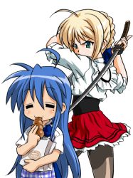 00s 2girls apron artoria_pendragon_(fate) bandabekken bronze_parrot chocolate_cornet crossover fate/stay_night fate_(series) food izumi_konata katana kobeya_uniform lucky_star mole mole_under_eye multiple_girls pantyhose plaid_apron plaid_clothes saber_(fate) sword waitress weapon