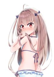 1girl absurdres ahoge atri atri-my_dear_moments- back bikini black_bow blush bow breasts closed_mouth commentary cowboy_shot frilled_bikini frills from_behind hair_bow hand_up happy heart heart_ahoge highres holding holding_own_hair light_brown_hair long_hair looking_at_viewer looking_back miraikanai neck_tattoo nose_blush official_alternate_costume raised_eyebrows red_eyes shy side-tie_bikini_bottom simple_background small_breasts smile solo straight_hair swimsuit tattoo transparent_background tsurime two_side_up white_bikini