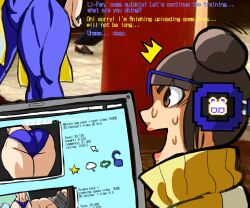 2girls absurdres ass blue_panties brown_eyes brown_hair capcom charge_sol chun-li computer headphones highres huge_ass li-fen monitor multiple_girls panties street_fighter surprised sweat thighs underwear