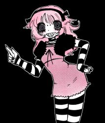 1girl animated animated_gif ben-day_dots black_background black_eyes black_shrug border bow_hairband breasts choker colored_sclera crimescenepartz cropped dancing dress dress_ribbon dress_under_shirt frilled_choker frilled_dress frilled_shrug frills grey_sclera hairband hand_on_own_hip holding_detached_head index_finger_raised long_hair looking_at_viewer looping_animation lower_eyelashes_only original pantyhose pink_border pink_dress pink_hair pink_theme ringed_eyes screentones sharp_teeth short_dress shrug_(clothing) simple_background small_breasts smile solo striped_arm_warmers striped_clothes striped_pantyhose teeth