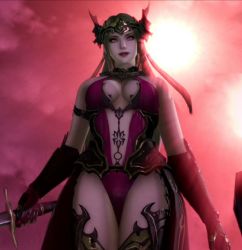 1girl 3d armor bare_shoulders bladestorm bladestorm_nightmare blonde_hair breasts cleavage cleavage_cutout clothing_cutout corruption cowboy_shot crown eyeshadow female_focus gauntlets holding holding_sword holding_weapon joan_of_arc_(bladestorm) leotard lips lipstick long_hair makeup medium_breasts pale_skin red_eyes red_sky sky smile solo standing sun sword weapon