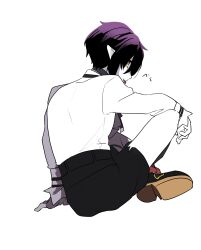 Rule 34 | 1boy, black bow, black bowtie, black hair, black shoes, black shorts, bow, bowtie, collared shirt, colored skin, commentary, datenshi no fu, despair god morroc, from behind, full body, hair over one eye, highres, long sleeves, looking at viewer, looking back, male focus, pointy ears, ragnarok masters, ragnarok online, shirt, shoes, short hair, shorts, simple background, sitting, solo, symbol-only commentary, tongue, tongue out, white background, white shirt, white skin, yellow eyes