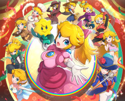 1girl absurdres ass blonde_hair blue_eyes blue_hat blue_jacket brooch brown_hat chef_hat commentary_request cowgirl_peach dashing_thief_peach denim denim_shorts detective detective_peach dress earrings eye_mask figure_skater_peach flower gloves gonzarez green_scarf hand_on_own_chin hat hat_flower highres holding holding_sword holding_weapon jacket jewelry kunai kung_fu_peach leggings mario_(series) mermaid_peach mighty_peach multiple_views ninja_peach nintendo official_alternate_costume pants patissiere_peach pink_dress pink_lips ponytail princess_peach princess_peach:_showtime! purple_dress rapier red_flower red_rose red_shirt rose scarf shirt short_shorts shorts stella_(peach) strapless strapless_dress sword swordfighter_peach weapon white_dress white_gloves white_hat white_pants