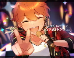 1boy akehoshi_subaru blurry blurry_background character_name closed_eyes dated ensemble_stars! facing_viewer hair_between_eyes happy_birthday highres holding holding_microphone jacket jewelry male_focus microphone nanana_(mashumaronanana) necklace open_clothes open_jacket open_mouth orange_hair red_jacket short_hair smile solo sweat teeth upper_body upper_teeth_only v