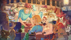 3girls 6+boys absurdres blonde_hair dark-skinned_female dark-skinned_male dark_link dark_skin eyeshadow fierce_deity ganondorf gerudo glasses goron headband highres kohga korok link makeup mask multiple_boys multiple_girls multiple_others multiple_persona nintendo pointy_ears princess_zelda purah red-framed_eyewear red_eyeshadow red_hair red_headband riju rito round_eyewear sidon sitting sleeveless the_legend_of_zelda the_legend_of_zelda:_tears_of_the_kingdom tulin_(zelda) updo yahaha yunobo zora