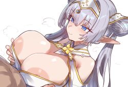 1boy 1girl absurdres blue_eyes breasts britomart_(fate) britomart_(second_ascension)_(fate) closed_mouth double_bun ebora fate/grand_order fate_(series) grey_hair hair_bun hairband hetero highres huge_breasts large_areolae long_hair metal_hairband nipple_slip nipples non-web_source paizuri pointy_ears smile twintails white_background