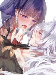 2girls absurdres after_kiss collarbone earrings highres honkai_(series) honkai_impact_3rd jewelry kiana_kaslana long_hair looking_at_another lying multiple_girls nyeppu open_mouth parted_lips purple_eyes purple_hair raiden_mei red_nails saliva saliva_trail shirt simple_background tongue tongue_out white_background white_hair white_shirt yuri