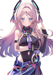 1girl arm_under_breasts armlet asymmetrical_sleeves bare_shoulders blue_eyes blue_sarong blush breasts citlali_(genshin_impact) closed_mouth detached_sleeves facial_mark feathers fingernails floating_headgear forehead_mark genshin_impact gradient_feathers hair_intakes headgear jewelry large_breasts leotard long_hair looking_at_viewer nail_polish necktie ok_sign pink_feathers pink_hair pink_pupils purple_feathers purple_leotard purple_nails purple_necktie purple_sleeves ribbed_leotard ribbed_sleeves ring_hair_ornament sarong shirokitsune simple_background smile solo triangle triangle_facial_mark uneven_sleeves vision_(genshin_impact) white_background