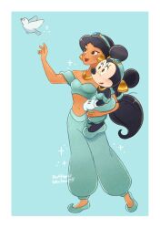 1girl 2girls aladdin_(movie) animal_ears arabian_clothes bare_shoulders bird black_hair brown_eyes company_connection cosplay dark-skinned_female dark_skin disney earrings full_body highres jasmine_(disney) jasmine_(disney)_(cosplay) jewelry long_hair mickey_mouse_&amp;_friends midriff minnie_mouse mouse_ears mouse_girl multiple_girls navel necklace off_shoulder pants shirt smile solo takatmaorange very_long_hair