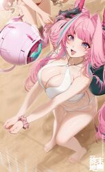 2girls ^^^ angelina_(arknights) aqua_hair arknights arknights:_endfield artist_name bare_legs bare_shoulders beach bikini bilingual_commentary black_horns breasts brown_hair brown_tail cleavage collarbone commentary cone_hair_bun english_commentary fangs fingernails fox_tail gradient_eyes green_tail hair_bun hair_intakes highres horns large_breasts long_hair mixed-language_commentary multicolored_eyes multicolored_hair multiple_girls nail_polish navel o-ring o-ring_bikini ohkurrva open_mouth pink_hair pink_horns pink_nails pink_scrunchie purple_eyes red_bikini sand scrunchie skin_fangs smile solo_focus stomach streaked_hair swimsuit tail thick_eyebrows thighs twintails two-tone_hair volleyball volleyball_net white_bikini wrist_scrunchie yvonne_(arknights)
