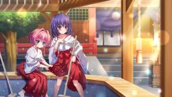2girls aqua_eyes architecture blue_eyes blue_hair blurry blurry_foreground blush box breasts closed_mouth collarbone donation_box dot_nose east_asian_architecture film_grain game_cg hair_intakes hakama hakama_skirt hand_on_own_chest hiiragi_kae honjou_kasumi izumi_tsubasu japanese_clothes kosode lens_flare medium_breasts medium_hair miko mop multiple_girls new_year non-web_source official_art pink_hair re:stage! red_hakama rope short_hair shrine skirt sparkle stairs sunlight tree wet wringing_clothes