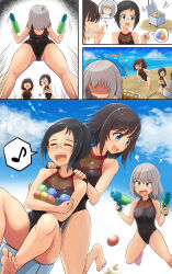 Rule 34 | &gt; &lt;, 3girls, angry, ass, barefoot, beach, black hair, blue eyes, brown hair, closed eyes, cooler, from below, girls und panzer, glasses, hida ema, highres, holding, holding water gun, itsumi erika, katsuya megu, kitayama miuki, laughing, medium hair, motion lines, multiple girls, musical note, one-piece swimsuit, semi-transparent, short hair, spoken musical note, spoken object, swimsuit, teeth, upper teeth only, water balloon, water gun