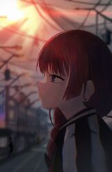 1girl alt_text blurry blurry_background bocchi_the_rock! braid braided_ponytail chromatic_aberration commentary earrings from_side frown hair_over_shoulder highres hiroi_kikuri jacket jewelry kingu_(whalekingu) portrait purple_eyes railroad_tracks red_hair single_braid solo stud_earrings tearing_up