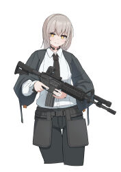 1girl absurdres ammunition_pouch assault_rifle belt_buckle belt_pouch breasts brown_hair brown_necktie buckle buttons closed_mouth collared_shirt commentary cropped_legs english_commentary eotech fingernails flashlight green_jacket grey_pants gun highres holding holding_gun holding_weapon jacket long_hair long_sleeves m4_carbine magazine_(weapon) muzzle_device necktie okapi_(yomaigoto) open_clothes open_jacket optical_sight original pants pouch rifle shirt simple_background small_breasts smile snap-fit_buckle solo trigger_discipline weapon white_background white_shirt yellow_eyes