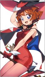 1girl absurdres black_hat blue_eyes breasts broom broom_riding brown_hair cowboy_shot dress earrings gloves hat highres hoop_earrings jewelry kei_(soundcross) long_hair magical_girl mahou_tsukai_tai! medium_breasts pantyhose pencil_dress pink_pantyhose red_dress red_gloves sawanoguchi_sae scabbard sheath short_hair simple_background sitting smile solo white_background witch_hat