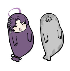 1girl 1other :3 ^_^ animalization bakaking blue_archive closed_eyes flower hair_flower hair_ornament halo purple_hair purple_halo seal_(animal) smile yukari_(blue_archive)