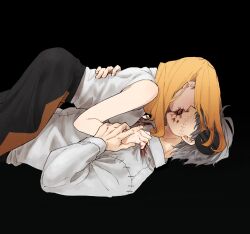 1boy 1girl black_background black_skirt blonde_hair blood blood_from_mouth blood_on_clothes blood_on_hands franken_stein_(soul_eater) french_kiss girl_on_top grey_hair hair_over_eyes hand_on_another&#039;s_back hetero highres hissiu holding_another&#039;s_wrist kiss long_hair long_sleeves marie_mjolnir shirt short_hair simple_background skirt sleeveless sleeveless_shirt soul_eater stitched_face stitches white_shirt