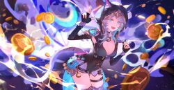 1girl animal_ears animal_hood belt black_gloves black_leotard blue_eyes breasts cat_ears cat_girl cat_hood cat_tail chinese_commentary cipher_(honkai:_star_rail) cleavage coin commentary_request fingerless_gloves gloves gold_coin grey_hair highres honkai:_star_rail honkai_(series) hood inixixi large_breasts leotard short_hair_with_long_locks solo tail thigh_belt thigh_strap thighs