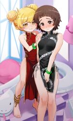 2girls :3 absurdres anklet bare_shoulders barefoot black_dress blonde_hair blush blush_stickers bracelet breasts brown_eyes brown_hair china_dress chinese_clothes closed_mouth commentary covered_erect_nipples double_bun dress embarrassed english_commentary feet feet_out_of_frame gold_anklet gold_trim hair_bun highres indoors jewelry looking_at_viewer medium_breasts monogatari_(series) multiple_girls oshino_shinobu panties pelvic_curtain pointy_ears print_dress red_dress ricman_rt sengoku_nadeko short_hair side-tie_panties side_slit silver_trim sleeveless sleeveless_dress snake_print standing stuffed_snake toes underwear wavy_mouth yellow_eyes