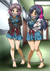 2girls absurdres arms_behind_back asakura_ryoko bdsm blue_eyes blue_hair blush bondage bound breasts brown_eyes cleave_gag cloth_gag cuffs daikinbakuju full_body gag gagged grey_hair highres improvised_gag karada legs long_hair medium_breasts multiple_girls nagato_yuki rope school_uniform sensory_deprivation short_hair small_breasts standing suzumiya_haruhi_no_yuuutsu tape tape_gag