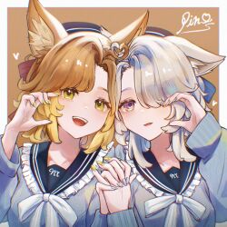2girls :d ahoge alternate_costume animal_ear_fluff animal_ears black_nails black_sailor_collar blonde_hair blue_cardigan blue_nails blue_sailor_collar blue_shirt blush border bow bowtie brown_background brown_hair cardigan claw_pose collarbone colored_tips crossdressing fang fangs fingernails fox_ears fox_girl frilled_sailor_collar frilled_shirt_collar frills gradient_hair green_eyes grey_hair grey_nails grey_sweater hair_bow hair_over_one_eye hair_ribbon hand_up hat heads_together heart heart_ahoge heart_hands heart_hands_duo highres holding_hands interlocked_fingers long_hair long_sleeves looking_at_viewer marycia_(vrchat) matching_outfits medium_hair msua multicolored_hair multicolored_nails multiple_girls nail_polish neck_ribbon one_eye_covered open_mouth orange_hair outside_border parted_lips purple_eyes red_ribbon ribbon sailor_collar sailor_shirt school_uniform serafuku shirt short_hair signature simple_background smile streaked_hair sweater teeth trap upper_body upper_teeth_only vrchat white_border white_bow white_bowtie white_hair yellow_eyes yellow_nails