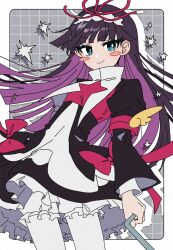 Rule 34 | 1girl, black hair, bloomers, blue eyes, blunt bangs, blush, blush stickers, bow, bright pupils, closed mouth, colored inner hair, danjou sora, dress, dress bow, feli (puyopuyo), frilled dress, frilled hairband, frills, grid background, hair ribbon, hairband, highres, hime cut, holding, long hair, long sleeves, looking at viewer, multicolored hair, pantyhose, purple hair, puyopuyo, puyopuyo fever 2, red bow, red ribbon, ribbon, smile, solo, sparkle, two-tone hair, underwear, white pantyhose, white pupils