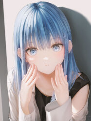 1girl :i absurdres black_undershirt blue_eyes blue_hair closed_mouth commentary fingernails hands_on_own_cheeks hands_on_own_face highres jizell long_hair long_sleeves looking_at_viewer open_clothes open_shirt original shirt solo strap_slip symbol-only_commentary upper_body white_shirt wide_sleeves
