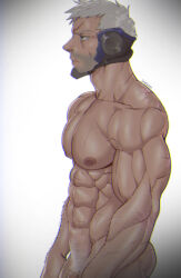 Rule 34 | 1boy, abs, absurdres, arm hair, artist name, bara, beard stubble, closed mouth, completely nude, facial hair, from side, grey hair, highres, male focus, muscular, muscular male, nipples, nude, overwatch, overwatch 1, pectorals, scar, scar on face, scar on mouth, soldier: 76 (overwatch), solo, stubble, suyohara, v-shaped eyebrows, veins, vignetting