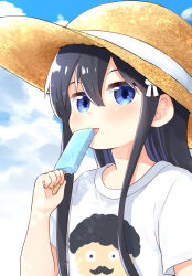 1girl black_hair blue_eyes closed_mouth cloud cloudy_sky day food hair_between_eyes hand_up hat higero_(wataten) holding holding_food holding_popsicle licking long_hair looking_at_viewer mukunoki_nanatsu official_art outdoors popsicle shirosaki_hana shirt short_sleeves sidelocks sky solo sun_hat tongue tongue_out upper_body watashi_ni_tenshi_ga_maiorita! white_shirt