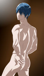Rule 34 | 1boy, ass, ass focus, ass grab, back, backpack, bag, blue eyes, blue hair, free!, highres, long hair, male focus, muscular, muscular male, nanase haruka (free!), nude, sexyanimes, standing