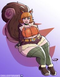 1girl absurdres blush breasts chillguydraws female_focus fingerless_gloves freckles full_body gloves green_eyes highres huge_breasts looking_at_viewer marvel marvel_rivals midriff navel orange_hair plump short_hair shorts simple_background solo squirrel_girl_(marvel) squirrel_tail tail thick_thighs thighhighs thighs wide_hips