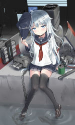 Rule 34 | 1girl, bad id, bad pixiv id, black hat, black sailor collar, black skirt, black thighhighs, blue eyes, can, chain, cnm, female focus, flat cap, full body, hair between eyes, hat, hibiki (kancolle), highres, holding, holding unworn clothes, holding unworn hat, kantai collection, long hair, looking at viewer, machinery, neckerchief, pleated skirt, red neckerchief, sailor collar, school uniform, serafuku, silver hair, sitting, skirt, smile, solo, thighhighs, unworn hat, unworn headwear