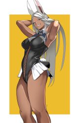 1girl alternate_costume animal_ears armpits arms_behind_head arms_up bare_arms bare_legs bare_shoulders black_bow black_bowtie black_leotard boku_no_hero_academia border bow bowtie breasts criss-cross_strings curryman_(zxxk) dark-skinned_female dark_skin grin hashtag-only_commentary highleg highleg_leotard highres large_breasts leotard long_eyelashes long_hair looking_at_viewer mirko parted_bangs rabbit_ears rabbit_girl rabbit_tail red_eyes skirt smile solo tail thighs toned toned_female traditional_bowtie very_long_hair white_border white_hair yellow_background