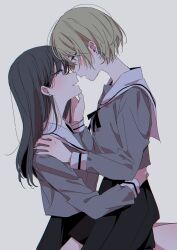 Rule 34 | 2girls, black hair, black skirt, blonde hair, embarrassed, hand on another&#039;s face, hand on another&#039;s head, hand on another&#039;s shoulder, hand on another&#039;s waist, highres, imminent kiss, long hair, multiple girls, musshu (omu001), original, piercing, school uniform, shirt, short hair, simple background, sitting, sitting on person, skirt, upper body, white background, yuri