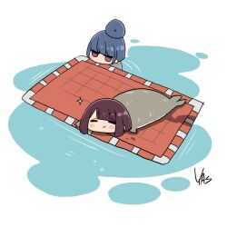 2girls animal blue_hair blush closed_eyes goma-chan hair_bun long_hair lying multiple_girls purple_eyes seal_(animal) shima_rin shounen_ashibe single_hair_bun smile toki_ayano touyama_nao voice_actor_connection yas_(yosiyasuyasu) yurucamp