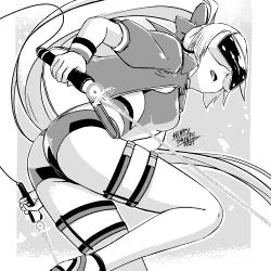 1girl ass bow competition_swimsuit cropped_jacket dual_wielding energy_sword fate/grand_order fate_(series) from_below goggles greyscale hair_bow head-mounted_display headset henry_saints holding jacket long_hair monochrome one-piece_swimsuit open_clothes open_jacket ponytail short_sleeves solo swimsuit sword thigh_strap tinted_eyewear tomoe_gozen_(fate) tomoe_gozen_(swimsuit_saber)_(fate) tomoe_gozen_(swimsuit_saber)_(first_ascension)_(fate) very_long_hair visor vr_visor weapon