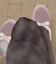 1girl absurdres bell_(bell_krnfakh) black_pantyhose blue_archive feet female_pov foot_focus highres pantyhose pink_slippers pov slippers smell soles solo steaming_body tile_floor tiles toe_seam toes ui_(blue_archive) unworn_slippers